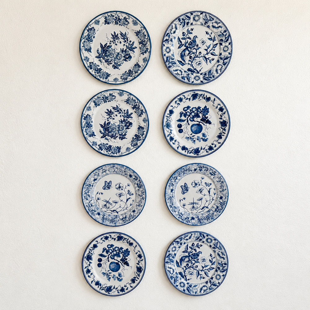 Set of 8 Vintage Restoration Hardware Blue & White Flo Tin Plates 10" Wall Decor